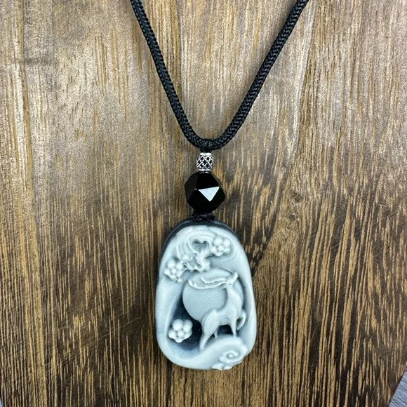 Tai Chi Stone Deer Pendant Necklace on Black Adjustable Rope - Picture 10 of 11